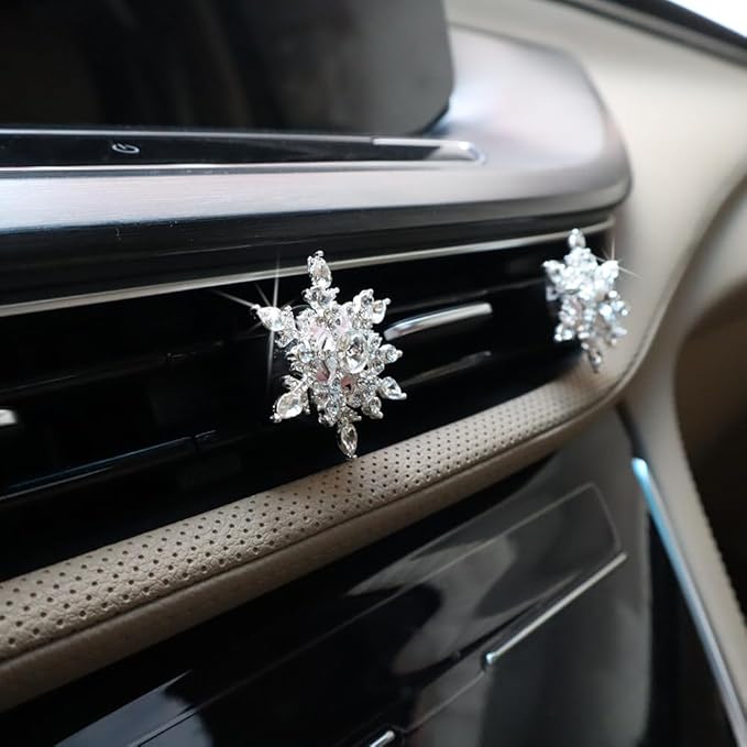 2pcs Snowflake Air Vent Clips Car Air Freshener Outlet Clips Cute Rotatable Silver Snowflake Car Vent Decorations Stress Relief Car Accessories Toy Refillable Car Diffusers Princess Passenger