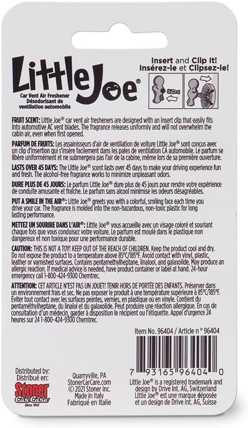 Little Joe 96404 Fruit Scent Car Air Freshener Vent Clip, Fights Odors for up to 45 Days, Long-Lasting Freshness, Cute Car Odor Eliminator, Pack of 1