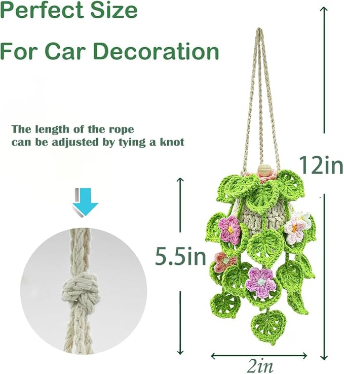 Crochet Hanging Plant Car Air Freshener，10ml Empty Refillable Car Diffuser Bottle with Potted Plants Car Mirror Hanging Accessories Car Air Hanging Fragrance Oil Diffuser (Pink Flower)