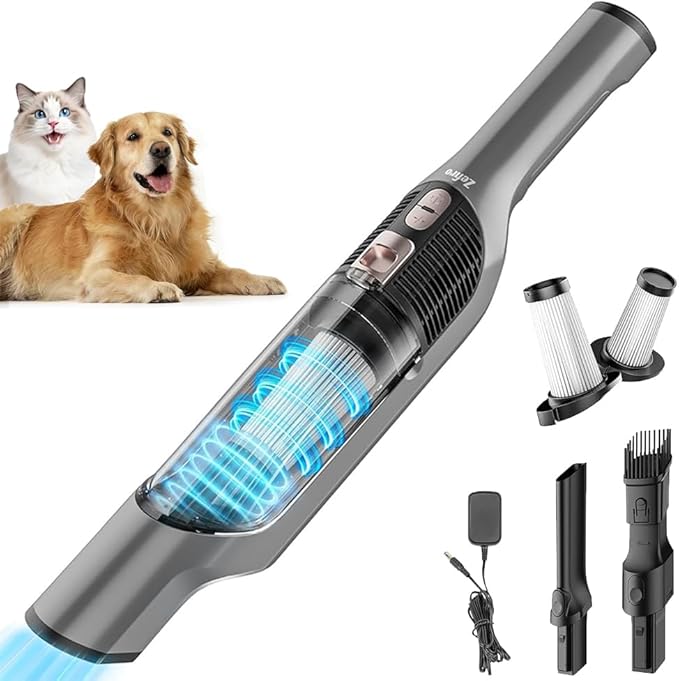 Zefiro Compact Powerful Cordless Handheld Vacuum, Rechargeable Portable Car Vacuum for Car & Pet Hair, 25000PA High Power Suction, XL Dust Cup, 2 Brushes & Filters, Long Runtime with Charger