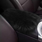 Auto Center Console Cover Pad, 11.81"x 7.87" Warm & Furry Winter Car Armrest Cover, Soft Faux Sheepskin Wool Car Armrest Seat Box Protector Cushion, Universal Interior Accessory (Black)
