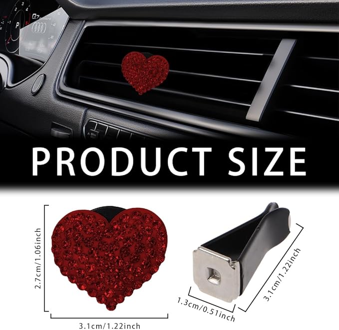 Car Diffuser, Car Air Fresheners Vent Clips, Rhinestone Heart Shaped Crystal Car Air Freshener Vent Clips, Bling Air Vent Clips Bling Inter Decor Accessories Fit for Cars, Trucks (Red)