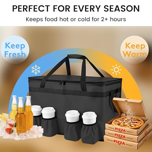 CIVJET Insulated Food Delivery Bag with 4 Cup Holders, XXX-Large Grocery Bags Keep Food Hot/Cold, Catering Cooler Bags with Drink Carrier, Commercial Food Warmer for Transport & Shopping, Black