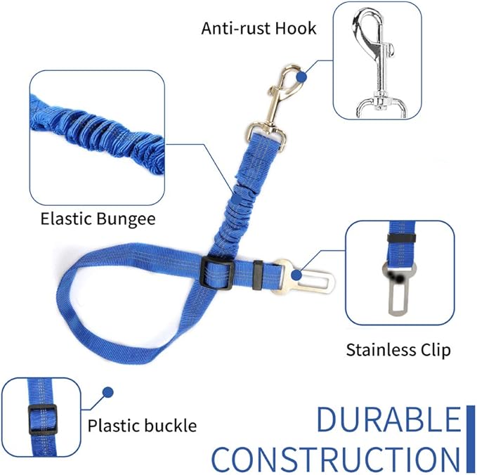 3 Colors Dog Safety Seat Belt,Quality Polyester Fabric,Adjustable,360° zinc Alloy Buckle,with Elastic,High Strength,Wear-Resistant and Durable,Easy to Install,Easy to Wash(Blue)