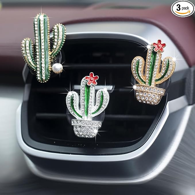 3 Pcs Bling Cactus Air Vent Perfume Clips, Rhinestone Artificial Plant Succulents Car Air Fresheners Aromatherapy Clips, Car Interior Decoration Accessories, Gift for Men Women