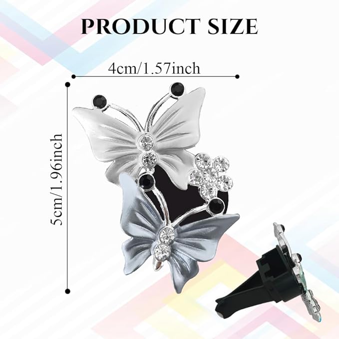 2PCS Car Air Vent Clips, Dual Butterfly Diamond Car Air Conditioner Outlet Vent Clip, Cute Car Diffuser Perfume Clip, Car Air Freshener Decor Accessories for Women Girl (Gray, Style 1)
