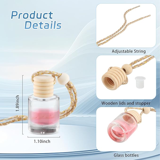 24 Pcs Black Car Hanging Air Fresheners Empty Glass Diffuser Bottles Pendant Perfume Bottle For Essential Oil Fragrance Aromatherapy Auto Interior Ornaments Decor (Cylinder-Clear)