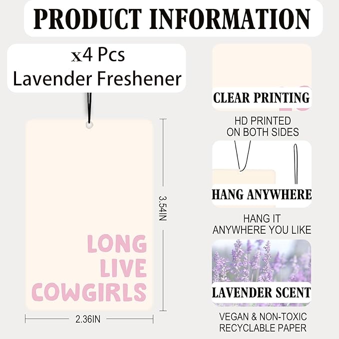 Preppy Pink Western Cowgirl Lavender Car Air Freshener 4 Pcs, Girly Floral Cowgirl Boots Air Freshener Hanging Decor for Cars Closet Drawer Books, Cute Areadeodorizer Gifts for Women Girls