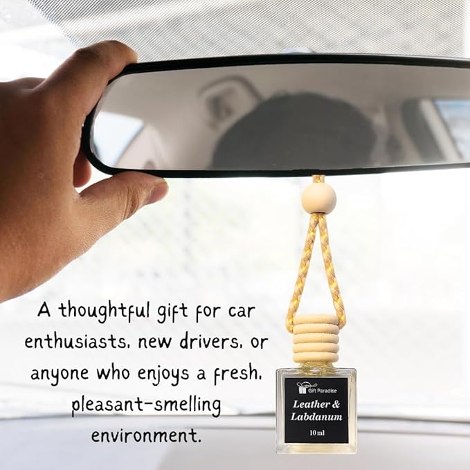 Gift Paradise® Leather & Labdanum Car Air Freshener Set of 3 – Luxury Hanging Diffusers with Wooden Cap & Velvet Gift Bag (10 ml Each) | Long-Lasting, Non-Toxic Men’s Fragrance for Car, Home & Office
