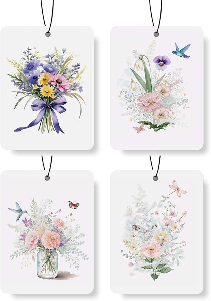 Watercolor Floral Car Air Freshener 4 Pcs, Botanical Bouquet Hanging Air Freshener for for Cars Closet Drawer Books,Gifts for Flower Lovers, Decor for Car Accessories Mirror Decor for women.