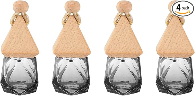 uxcell 4pcs Hanging Car Air Freshener Perfume Bottle, 8ml Pendant Empty Clear/Black Glass Essential Oil Aromatherapy Diffuser with Wooden Cap for Car Decor (Clear/Black, Rhombus)