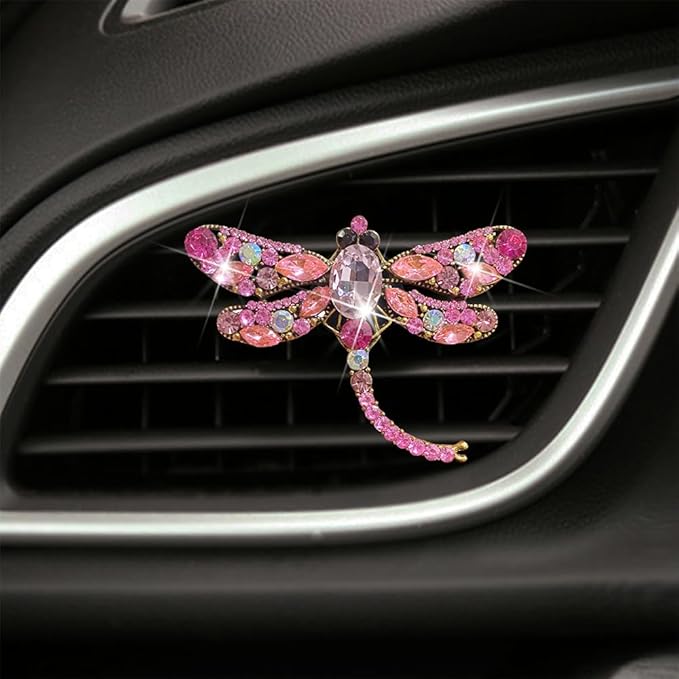 4Pcs Bling Rhinestone Crystal Dragonfly Air Freshener Vent Clips,Cute Car Air Fresheners Vent Clips Accessories,Refillable Car Diffuser, Glamorous Auto Decor (Pink)