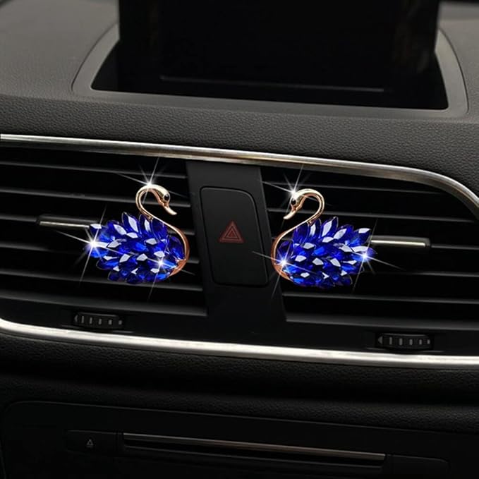 Katutude 2 Pcs Crystal Swan Car Air Vent Clips with Fragrance Tablets, Car Diffuser Air Freshener Vent Clips Air Conditioner Outlet Clip Charm Bling Car Interior Decoration, Blue