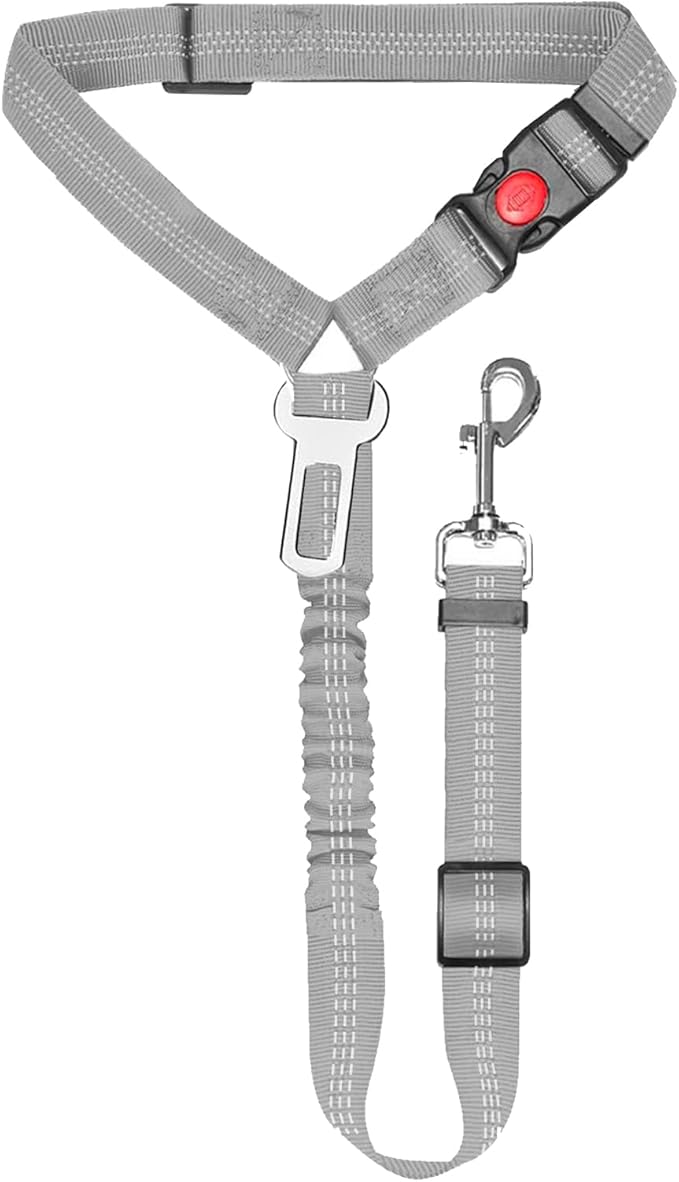 Removable Dog Seat Belt Harness for Car, 3 in 1 Pet Car Seatbelt Leash, Retractable Restraint Secures to Vehicle Headrest & Adjustable Reflective Dog Seatbelt Tether (Grey, 1pcs)