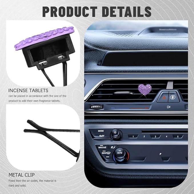 2PCS Bling Heart Air Vent Clips, Heart Shaped Crystal Air Freshener Vent Clips, Rhinestone Air Conditioning Outlet Clip, Universal Interior Decor Car Accessories for Women Girl (Purple)