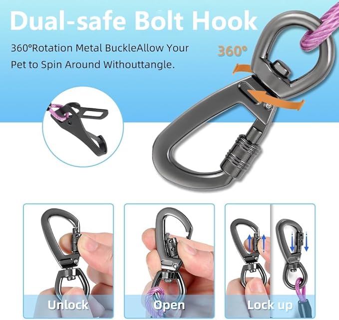 Dog Car Seat Belt - 3-in-1 Heavy Duty Safety Harness with Locking Carabiner, Universal Buckle Adapter, Chew-Proof Steel Rope (Purple, 32in/80cm)