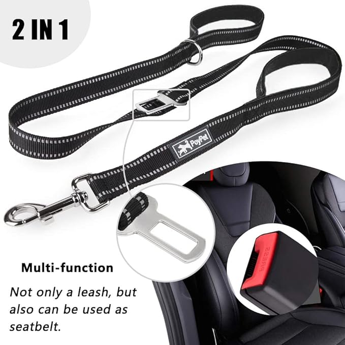 PoyPet 5 Feet Dog Leash - 3M Reflective - 2 Cushioned Handles - Functional Car Seat Belt(Black)