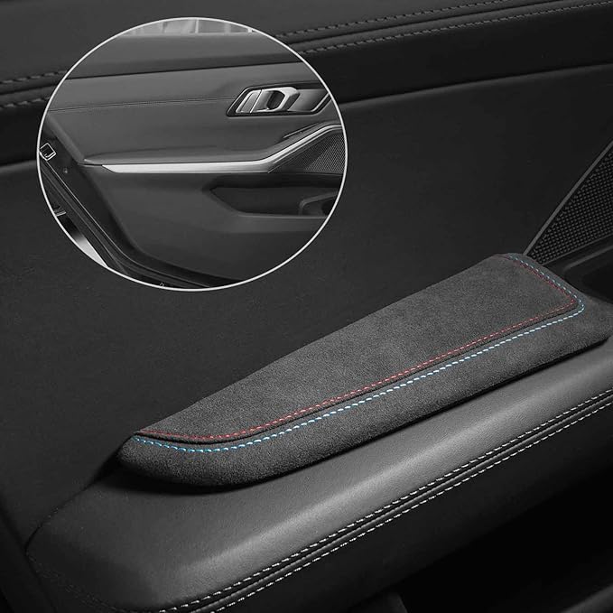 BETTERHUMZ Car Door Armrest Cushion Pad for Alcantara Suede, Car Elbow Rest Pad for BMW 3 4 5 6 7 8 X1 X3 X4 X5 X6 Z4 Series Car Accessories (Left, Blue red line)