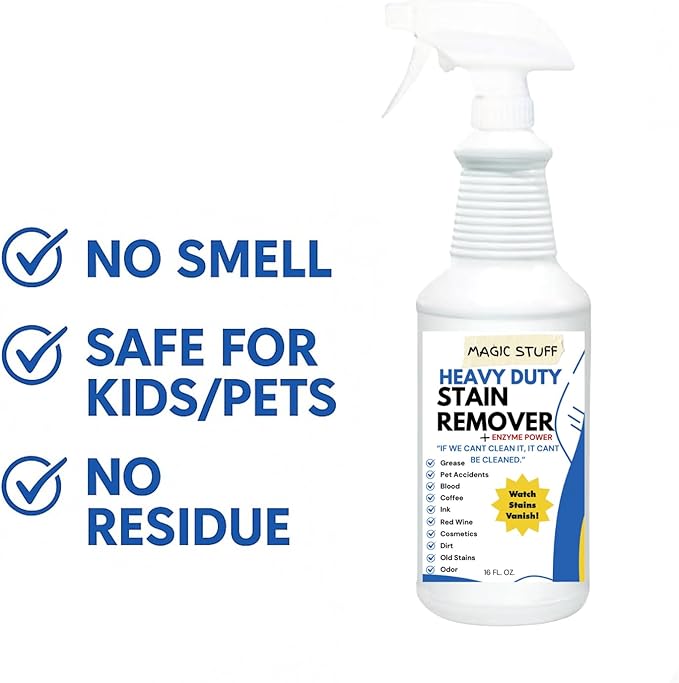Magic Stuff Heavy Duty Stain Remover - Enzyme-Powered Carpet & Upholstery Cleaner - Eliminates Pet Urine, Odor, Wine, Coffee, Grease, and Deep Set Stains - No rinse, Odor Free, Kid & Pet Safe Formula