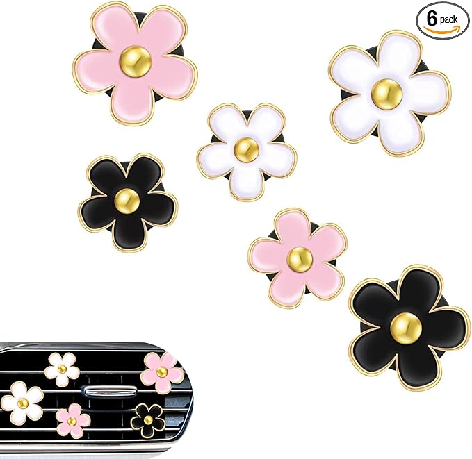 6PCS Car Air Vent Clips, Colorful Daisy Flower Air Conditioning Outlet Clip, Cute Car Clip Interior Air Vent Decoration, Universal Girly Cars Interior Accessory for Women (White Pink Black)
