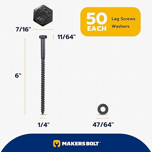 1/4 x 6 (50 Pack) Lag Screw Kit, 50 Screws and 50 Washers, Ceramic Black Ruspert Coating for Exterior Use, Meets ASTM A307 and ASME B18.2.1, Industrial/Commerical Grade by Makers Bolt