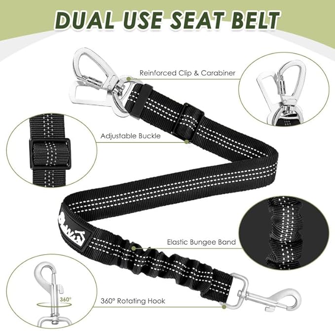 SlowTon Dog Seat Belt Harness for Car, Dog Car Harness Adjustable Mesh Breathable & Dog Seatbelt Safety Tether with Elastic Bungee for Small Medium Large Pets(Green, Double Clip, S)