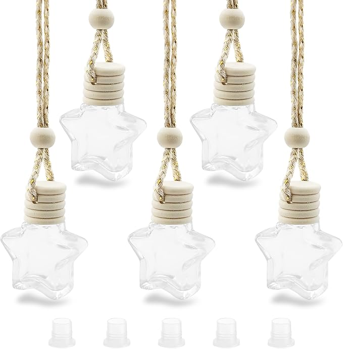 5 pcs Car Hanging Empty Glass Perfume Bottles Pendant Bottle, DIY Air Freshener Pendant, Empty Clear Glass Essential Diffuser Oil Aromatherapy, Glass Bottle Decor (Five-Pointed Star)