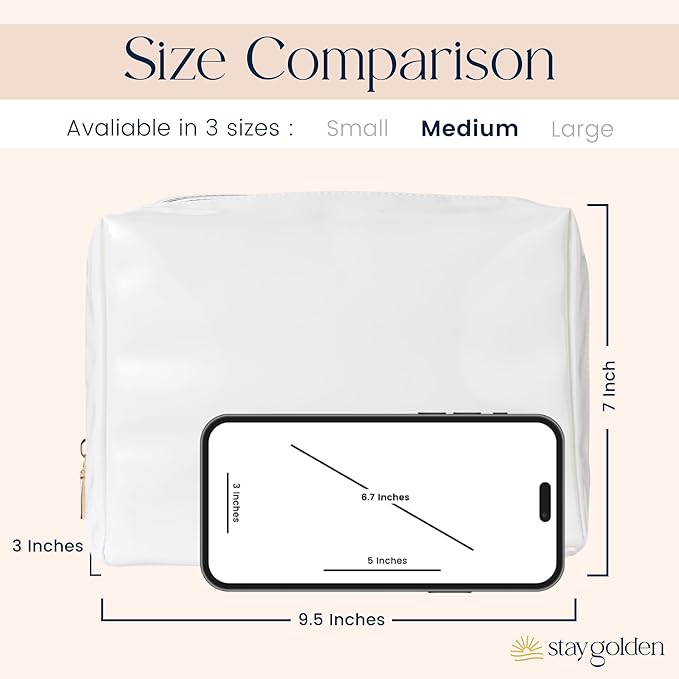 Stay Golden Insulated Waterproof Makeup Bag for Women Heat-Resistant Travel Cosmetic & Toiletry Bag | Luxurious Vegan Leather Portable Makeup Organizer (White with Silver Zipper, Medium)