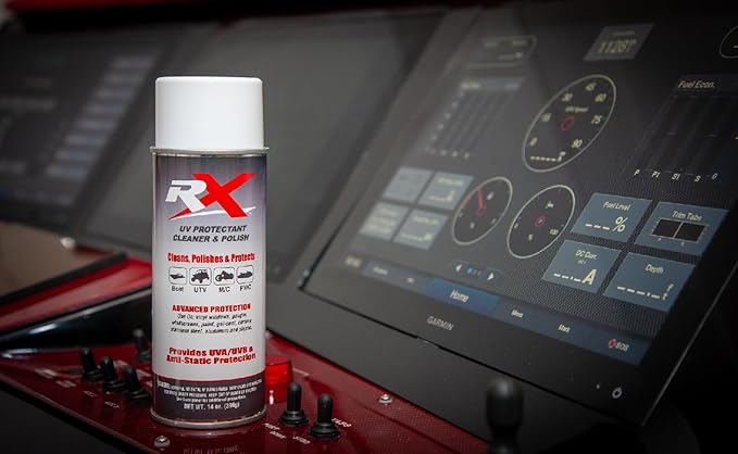 Hardline Products USA RX UV Protectant Cleaner & Polish – Advanced Marine & Powersport Detailing Spray for Vinyl, Isinglass, Plastic, & Strata Glass – 100% UVA/UVB Protection with Microfiber Towel