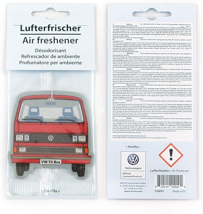 BRISA VW Collection - Volkswagen Scented Car Air Freshener Fragrance Deodorizer for Car/Auto or Home with Volkswagen Vanagon Bus T3 Camper Van FrontDesign (Vanilla/Red)