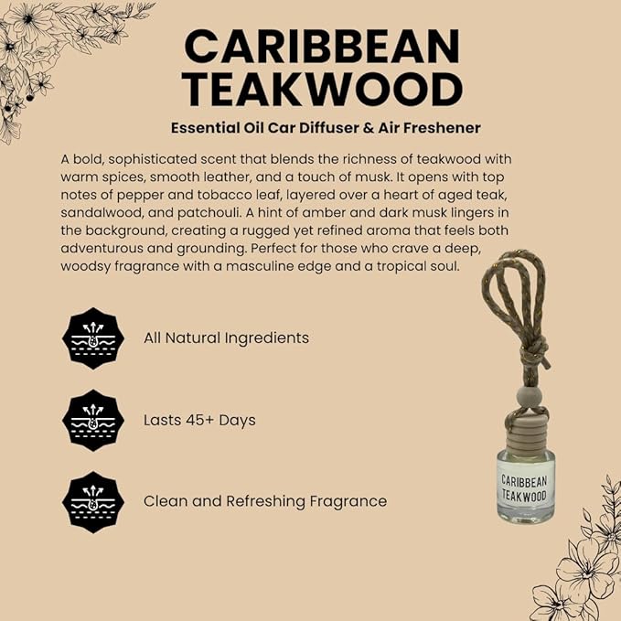 Caribbean Teakwood Hanging Car Air Freshener – Long Lasting Essential Oil Diffuser for Car, Closet, Bathroom – 2-Pack Natural Scent Deodorizer for men & women