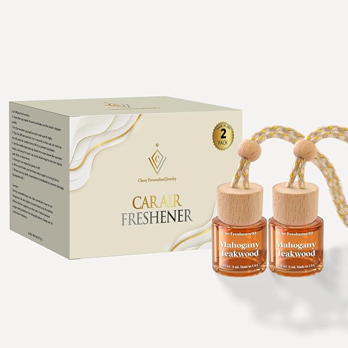 C Classy Car Air Freshener Hanging 2 Pack, Mahogany Teakwood Brown Bottle Essential Oil Diffuser for Cars, Cute Car Accessories, Long-Lasting Fragrance, Fresheners for Women & Men Gift, Made in USA