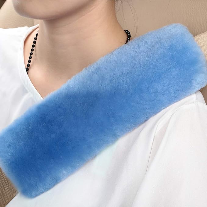 OGLAND 2 Pack Natural Fur Comfort Auto Authentic Sheepskin Car Seat Belt Pads for Adults, Soft Texture Shoulder Neck Cushion Pad Protector, Genuine Australia Merino Wool Cover (Sky Blue)