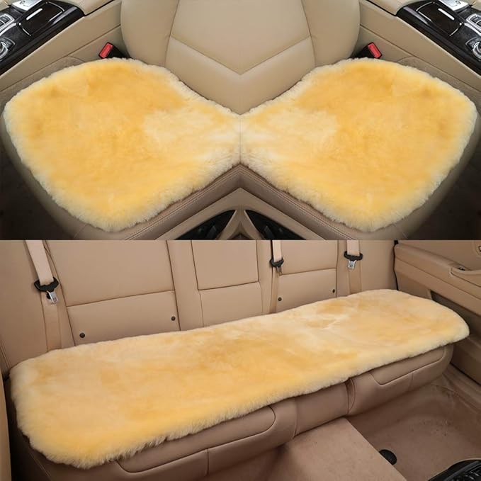 OGLAND Fluffy Genuine Australia Sheepskin Car Seat Cover for Auto Interior Accessories with Soft Fuzzy Wool Eco-Friendly Natural Fur Non-Slip (Golden Yellow, Back)