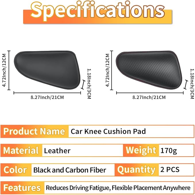 2PCS Car Knee Cushion Pad, Door Armrest Pad with Memory Foam for Knee Leg Elbow, Leather Knife-Shaped Car Armrest Cushion with Full Coverage Velcro, Automotive Interior Accessories(Black)