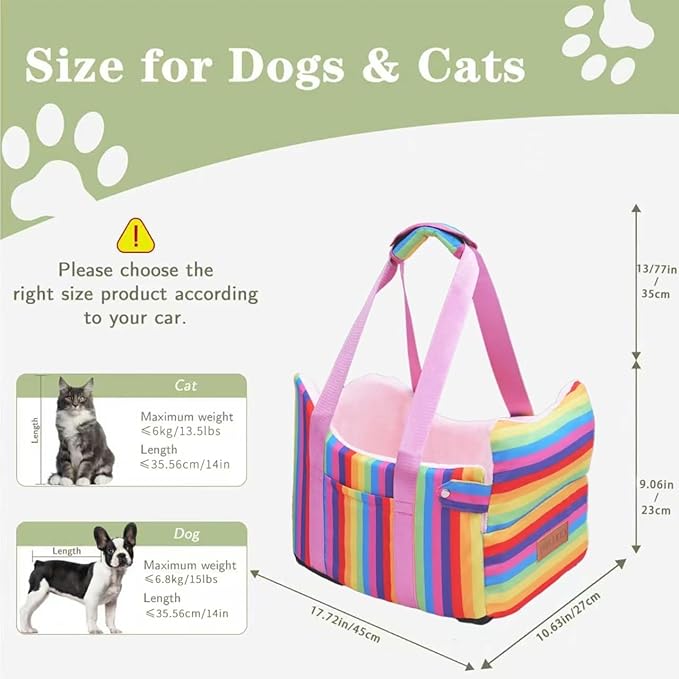 Cullaby Console Dog Car Seat for Small Dogs - Anti-Collapse Center Console Armrest Booster Seat, Sturdy Pet Travel Seat with Safety Tether, Cozy Washable Cushion, Puppy Up to 15lbs (Colorful Stripes)