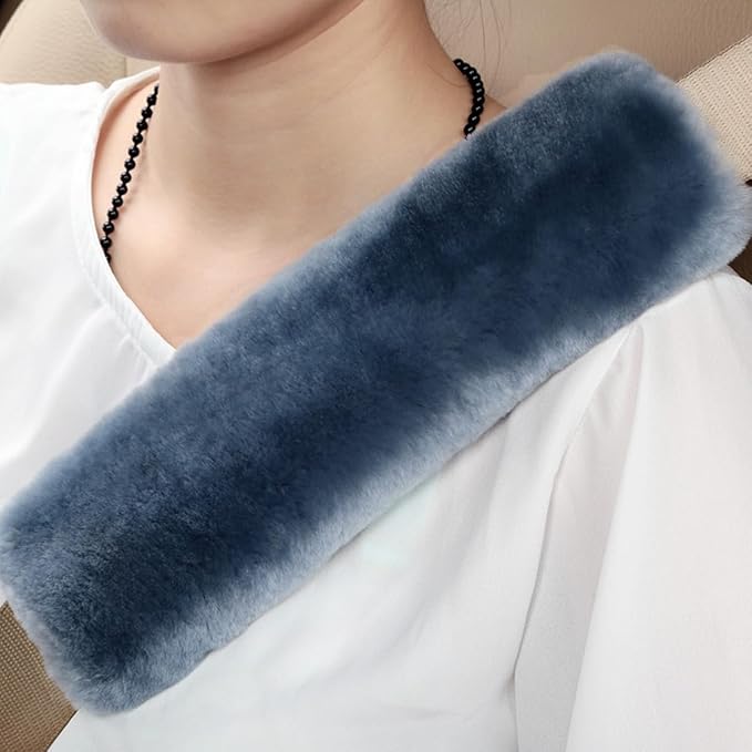 Soft & Cozy Australian Sheepskin Car Seat Belt Covers,2 Pack Fluffy Seatbelt Pads, Genunie Sheepskin Fur Shoulder Straps Cushions for Adults Kids Women and Men (Blue Grey)