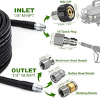 WEST BAY Sewer Jetter Kit 25 FT for Pressure Washer, 5800 PSI Drain Cleaner Hose 1/4 Inch NPT Corner Rotating and Button Nose Sewer Jetting Nozzle Spanner WatertightTape Pearl Corsage Pin