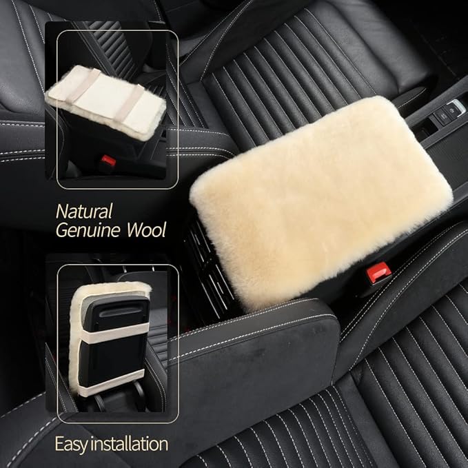 Sheepskin Armrest Cover Auto Center Armrest Cover Car Soft Console Pad, Fluffy Wool Auto Center Console Cover for Most Car Arm Rest Decoration Protector 7 x 13 Inch (Shearling, Black)
