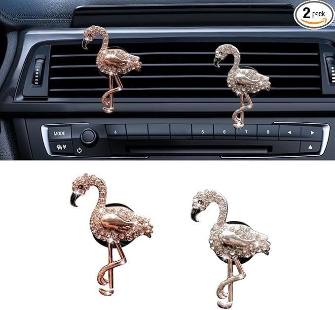 2PCS Bling Flamingo Car Dashboard Air Vent Trim Clips, Crystal Rhinestone Animal Car Air Fresheners Outlet Clip, Cute Automotive Interior Diffuser Decoration Accessories for Women (Flamingo)