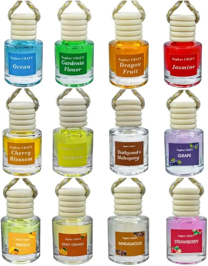 Air Diffuser Essential Oil Set | 12 Natural Scents Like Jasmine, Ocean, Sandalwood | Long Lasting Car Air Freshener for Women & Men | Hanging Glass Bottles, Air Freshener for Travel (8 ML Per Bottle)