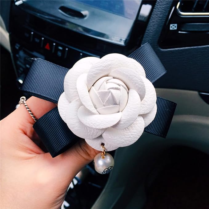 2 Pcs Camellia Air Vent Clips, Cute Flower Car Air Freshener Clip, Glam SUV Outlet Decorations, Leather Rose Vent Diffuser, Charm Car Inter Decor Accessories for Women Girls