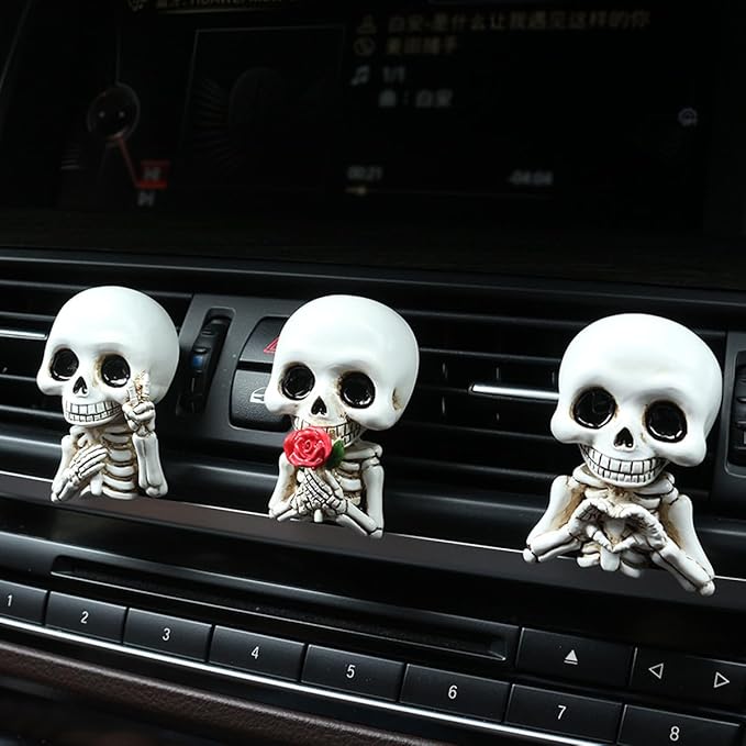 Set of 3 Halloween Skull Decor Cute Car Air Freshener Vent Clips, Resin Skeleton Holding Rose Car Diffuser Romantic Dashboard Decorations Auto Interior Accessories for Men Women
