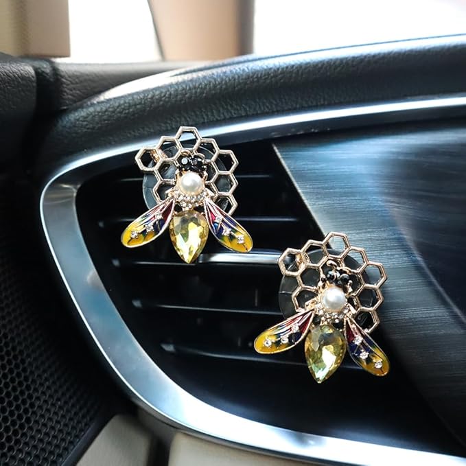 Bee Car Accessories,Bling Honey Bee Air Vent Clips Car Air Fresheners,2pcs Yellow Bee with Honeycomb Dashboard Decorations,Cute Decor for Women