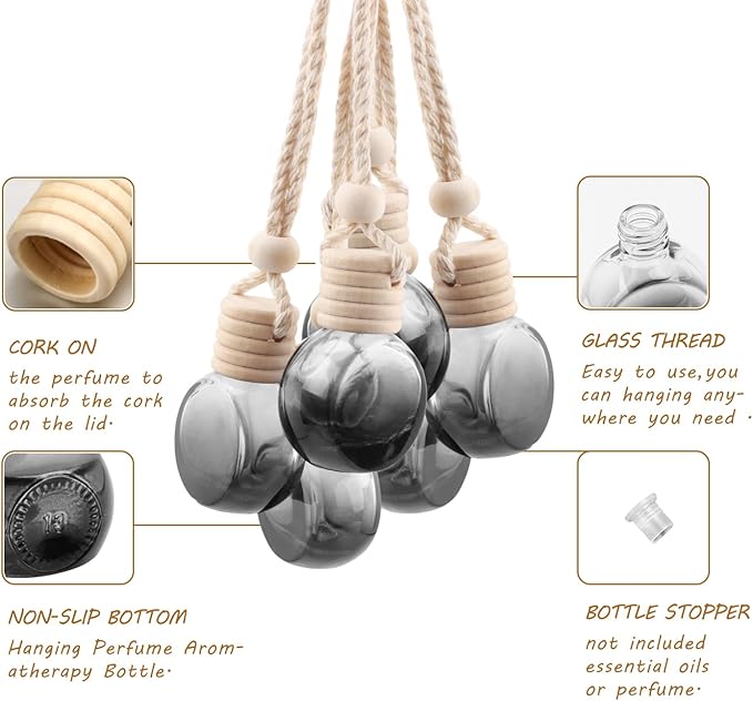 20 Pcs Oblate Shape Hanging Car Air Freshener Diffuser,Empty Refillable Black Gradient Glass Essential Oil Hanging Decor Aromatherapy Fragrance Pendant Vials with Wooden Caps & Hanging String