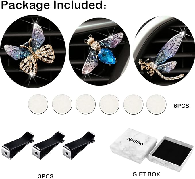 Bee Butterfly Dragonfly Car Aromatherapy Diffusers - 3 Pcs Air Fresheners Vent Clips for Car Decoration & Interior Decor (Blue)