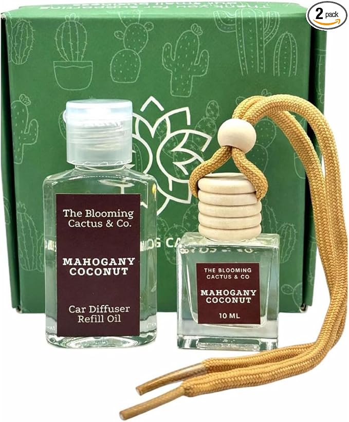 Car Air Freshener with 1 Oz Refill included | Car scented on the go | Car Air Freshener | Long Lasting Hanging Fragrance | Phthalate Free Fragrance. (Mahogany Coconut, 10 ml)