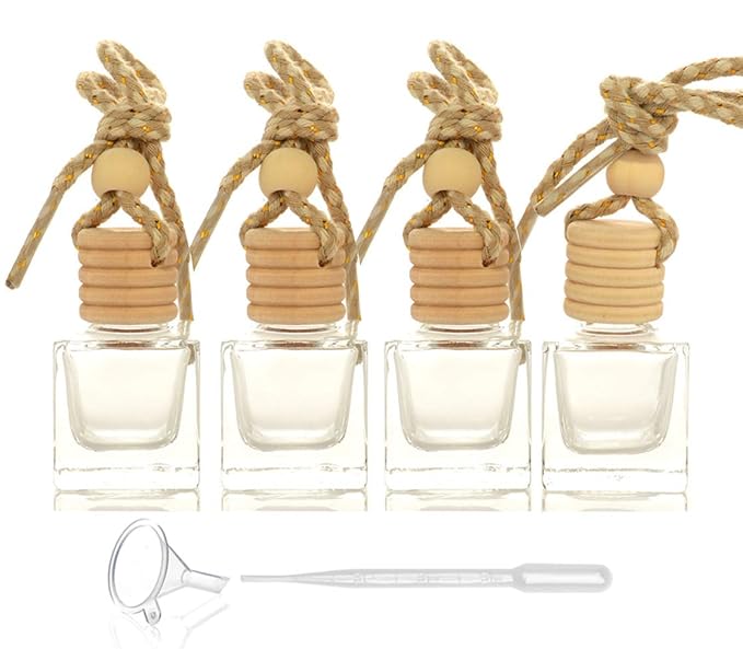 4Pcs/Pack,10ml Car Hanging Perfume Air Freshener Diffuser,Refillable Essential Oil Pendant Perfume Vials,Thick Square Clear Glass Container With Wooden Caps & Hanging String,FREE Funnel,Dropper
