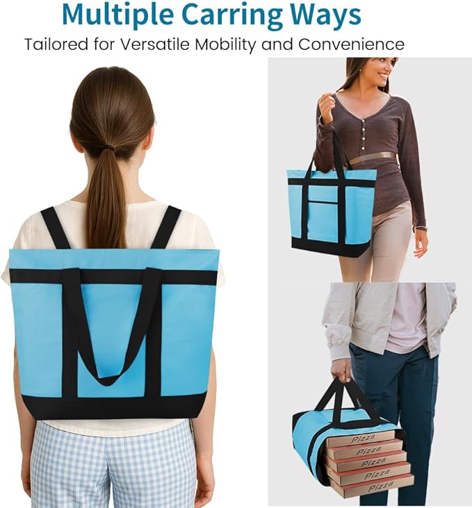 mosago 2PK Reusable Grocery Tote Bags, Insulated Cooler Shopping Bag for Women, Pizza/Food Delivery Bags to Keep Food Hot/Cold for Commercial Food Transport, Cooler Bag for Travel/Picnic, Collapsible