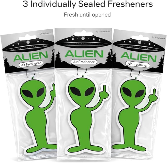 Vinylcation Alien Car Air Freshener - Premium Odor Eliminator - Long-Lasting Blk Ice Scent - Hanging Car Freshener with Fun Alien Design - 3 Pack